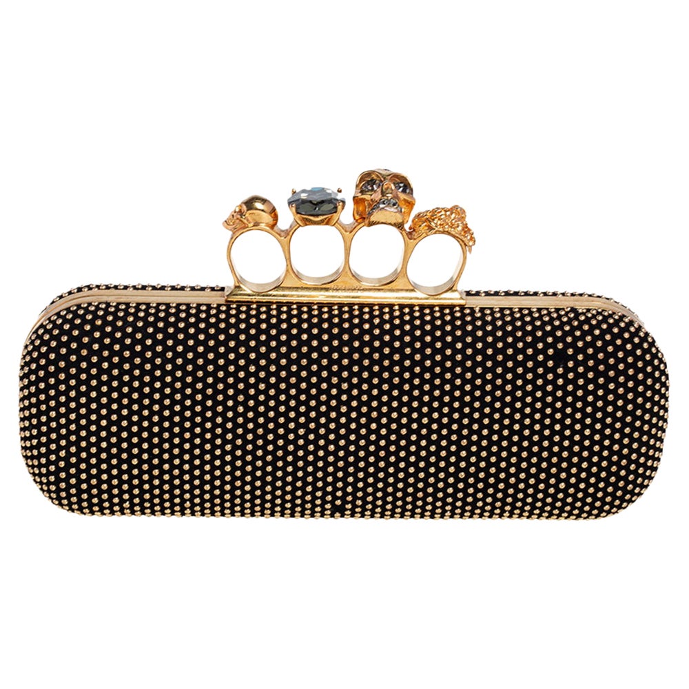 Alexander McQueen Black Suede Studded Skull Knuckle Clutch