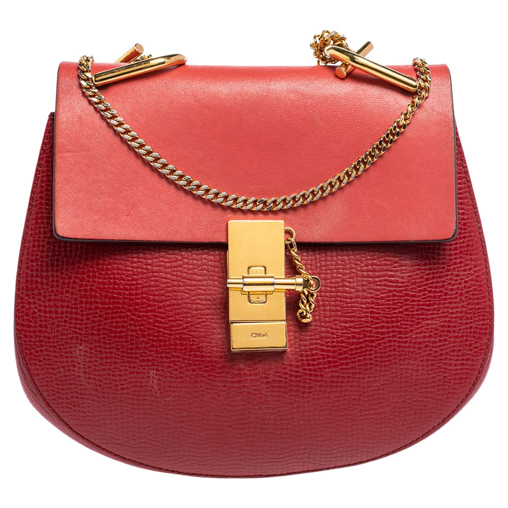 Chloe Red 2 Tone Leather Medium Drew Shoulder Bag