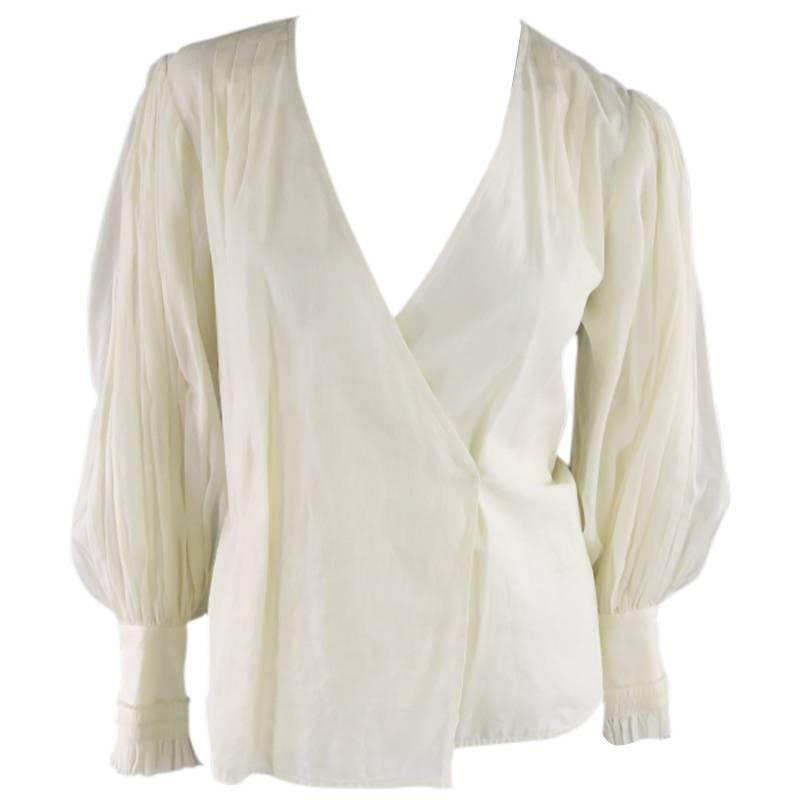 OSCAR DE LA RENTA Size 6 Beige Cotton Pleated Sleeve Wrap Blouse