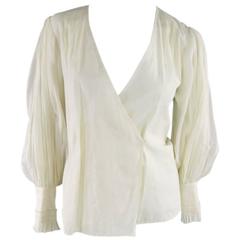 OSCAR DE LA RENTA Size 6 Beige Cotton Pleated Sleeve Wrap Blouse