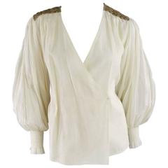 OSCAR DE LA RENTA 8 Beige Linen Sequin Shoulder Bishop Sleeve Wrap Blouse