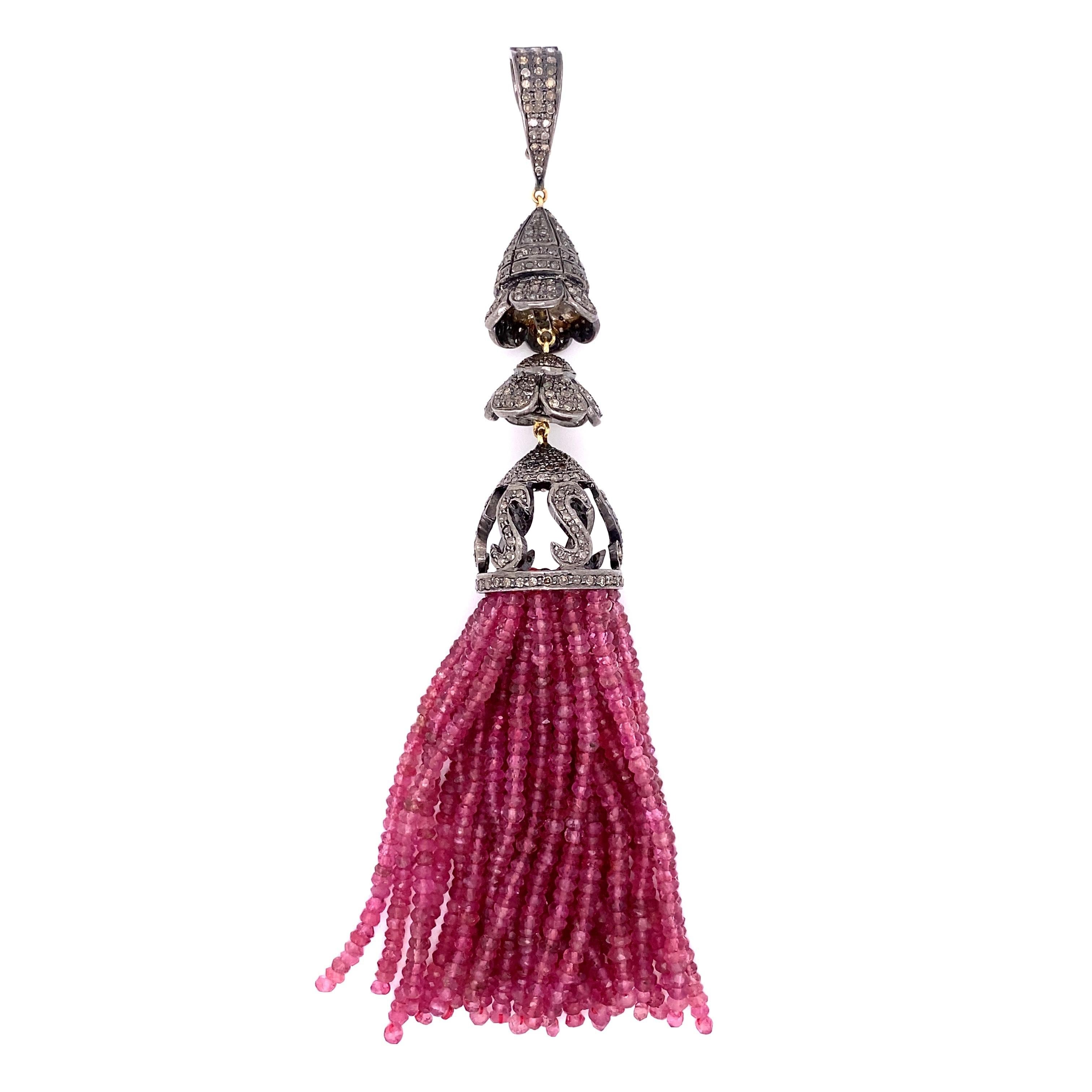 Pendentif en or et argent sterling avec pampille en tourmaline de 128,30 carats et diamants en vente