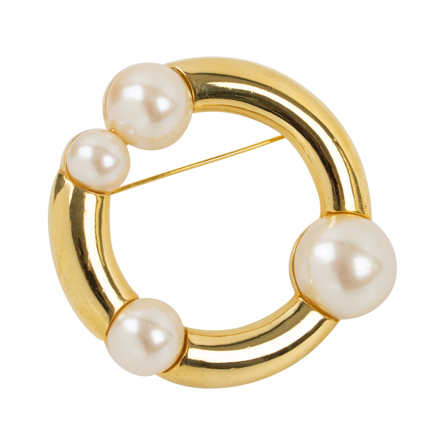 Courreges Paris Gilt Metal and Pearl Modernist Pin Brooch