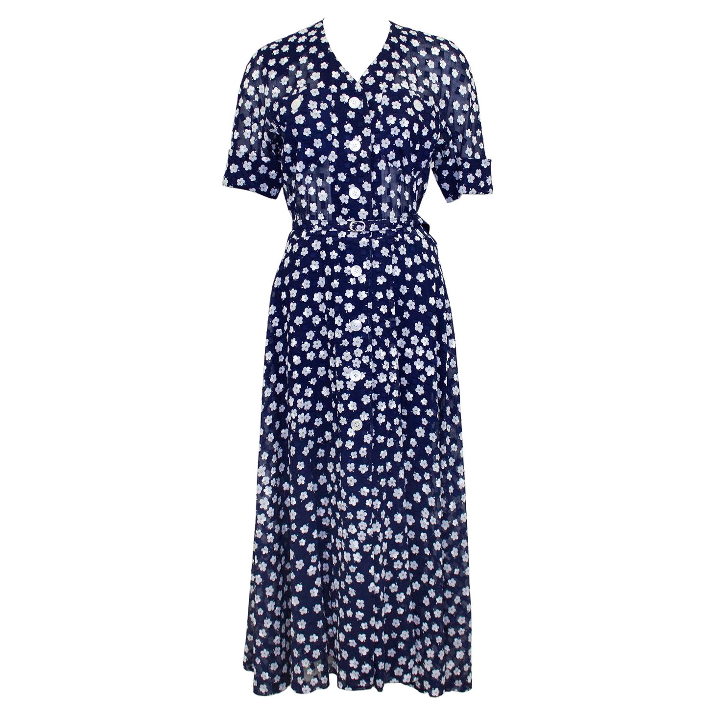 2000's Akris Navy Blue and White Floral Shirt Dress  For Sale