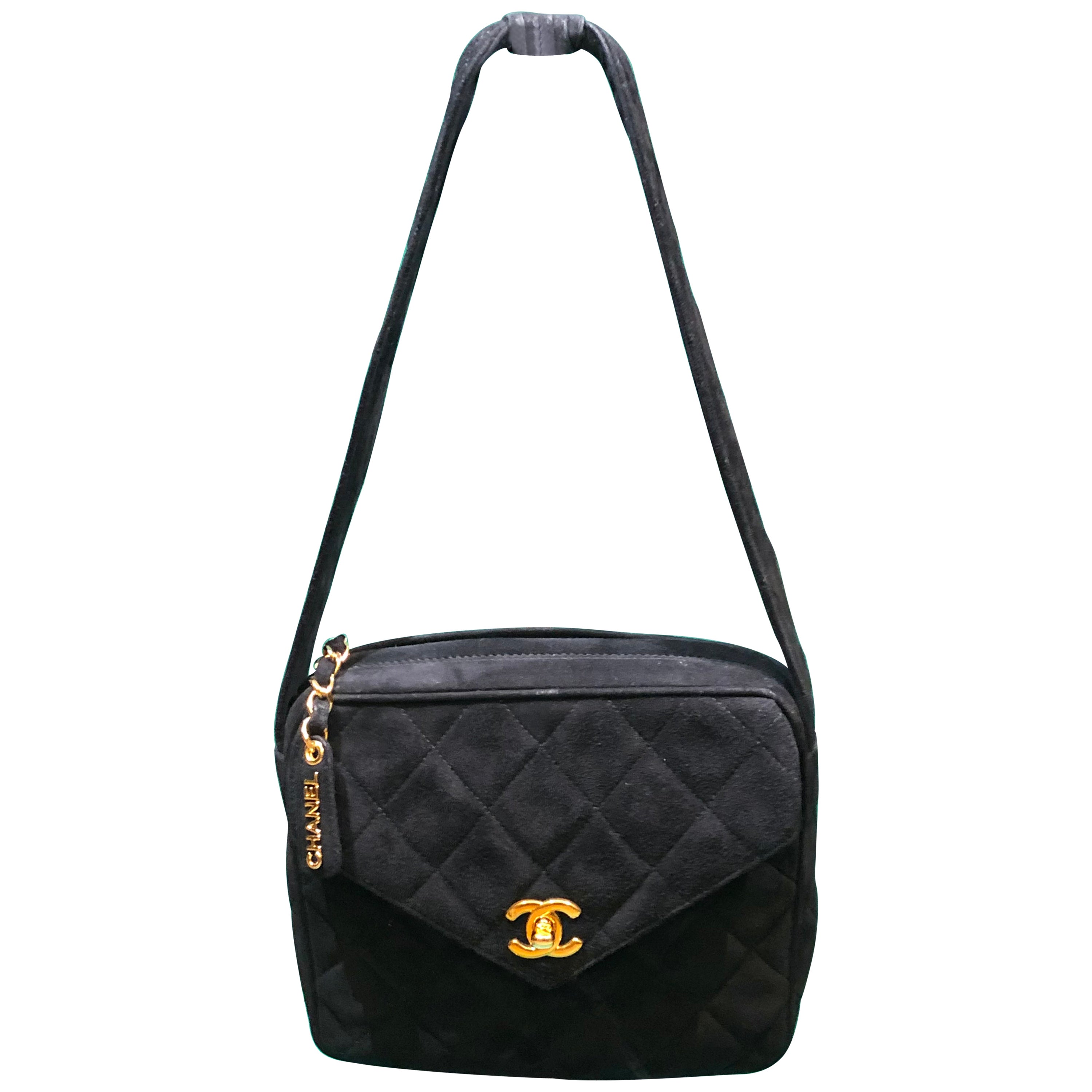 Vintage 90s Chanel Black Quilted Suede Handle Handbag 