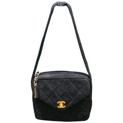 Vintage Chanel Black Quilted Suede Handle Handbag 