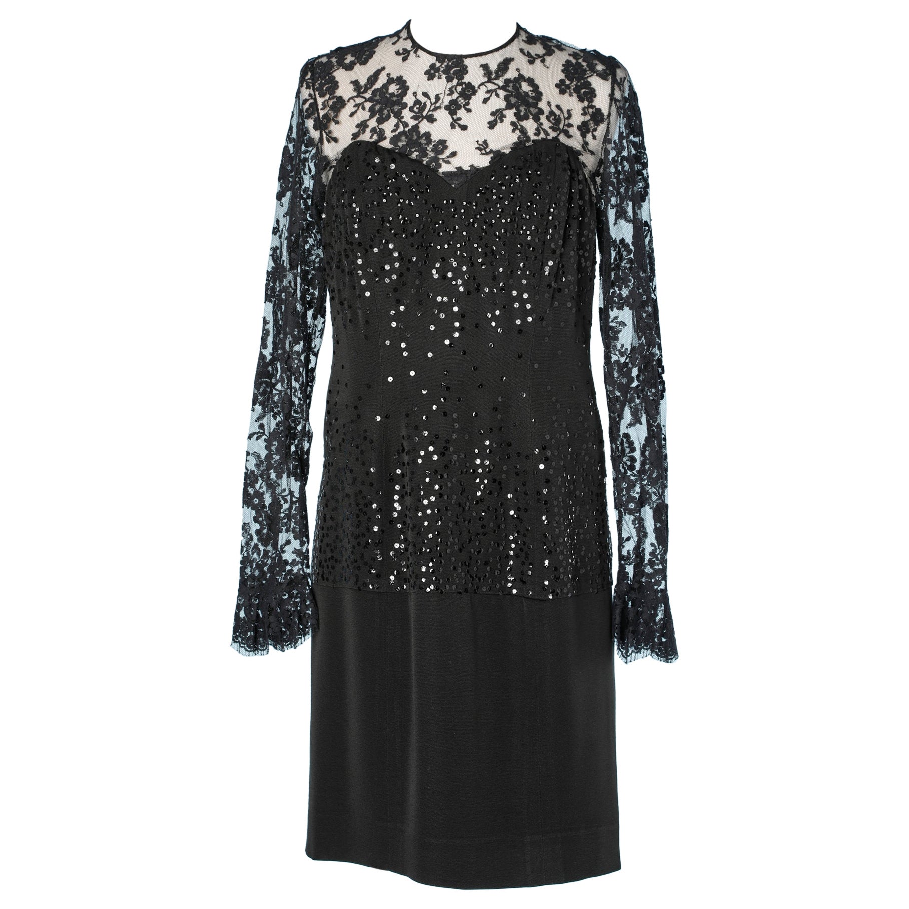 Black evening dress with sequins and lace Hanae Mori  For Sale