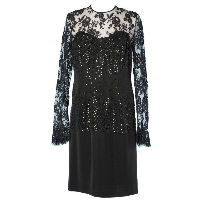 Black evening dress with sequins and lace Hanae Mori For Sale at