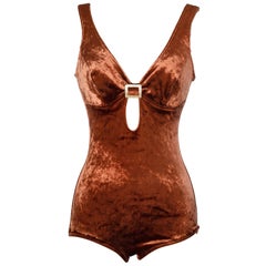One -piece 1970  swimsuit in brown velvet and gold metal 