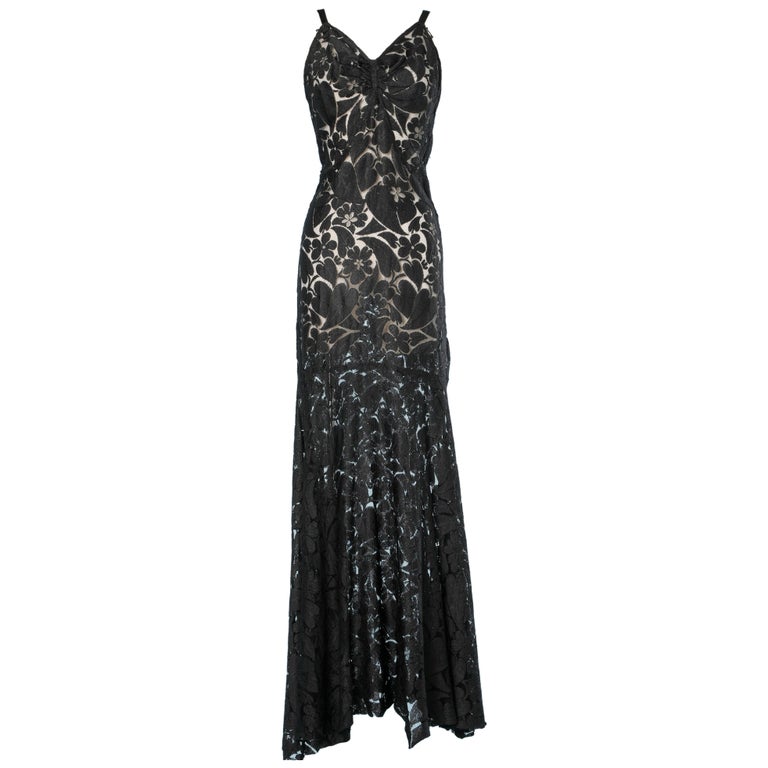 Long evening gown in black see-through lace 1930 For Sale at 1stDibs