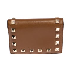 Valentino Brown Leather Rockstud Compact Wallet