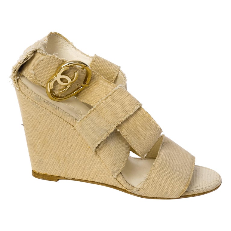 Chanel CC Heart Buckle Strappy Beige Canvas Wedge Sandal (39.5 EU) For Sale  at 1stDibs