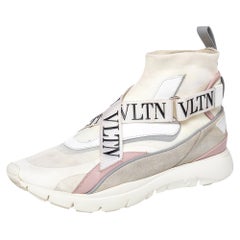 Valentino White Knit Fabric And Leather VLTN High Top Sneakers Size 41