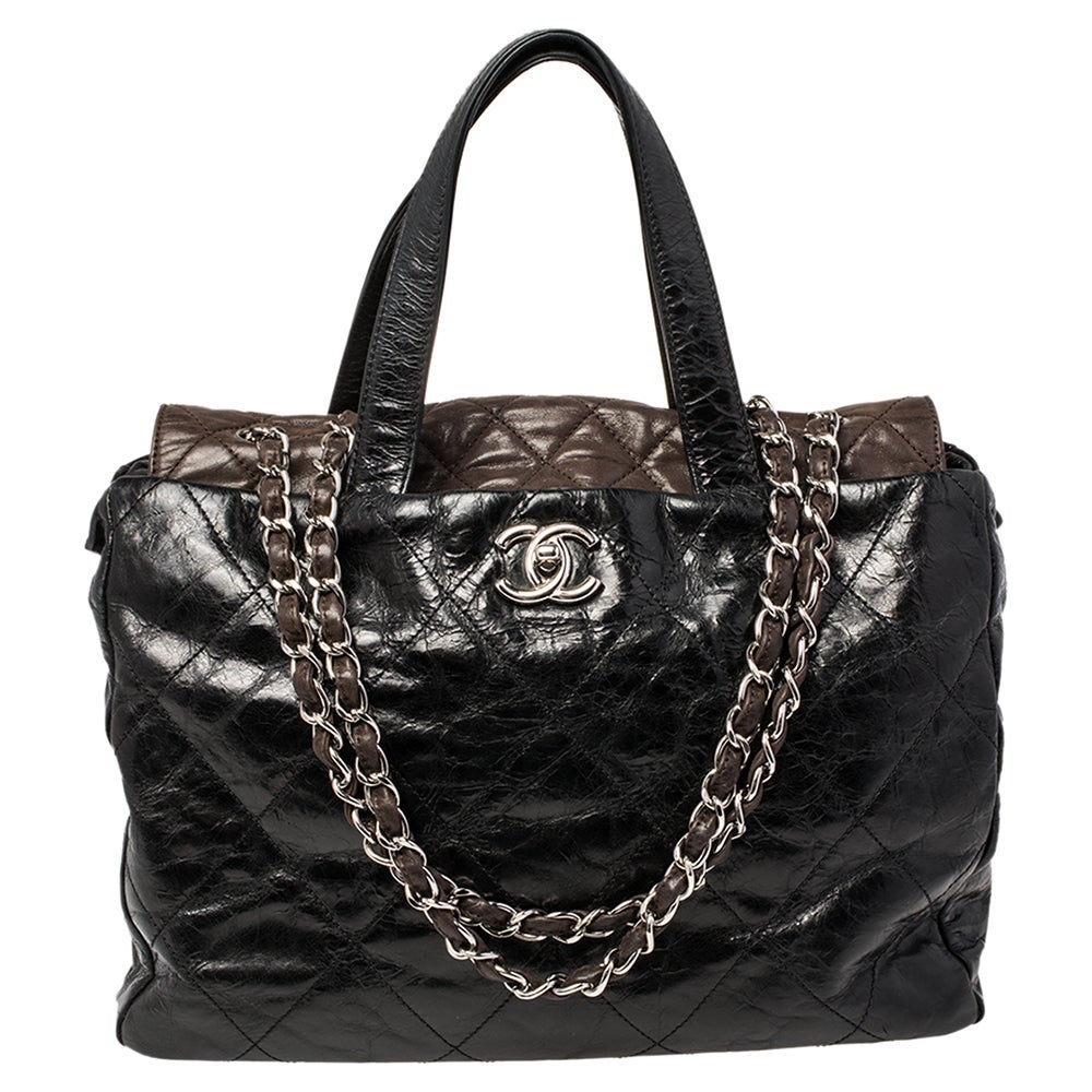 Chanel Black/Brown Quilted Iridescent Leather And Aged Leather Portobello Tote