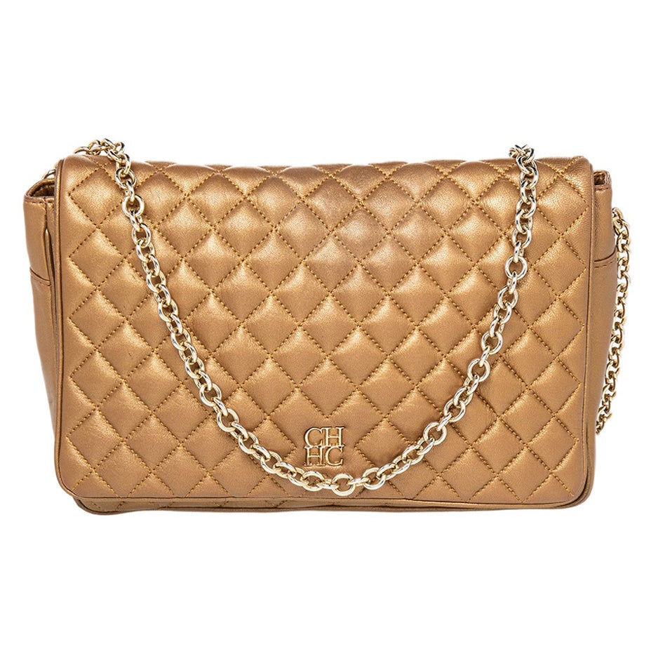 Carolina Herrera Metallic Gold Quilted Leather Chain Flap Shoulder Bag For Sale