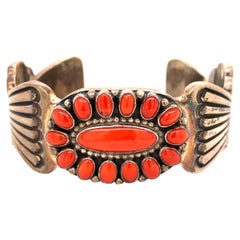 Vintage Native American Navajo Coral Signed ERB 925 Sterling Silver Cuff Bracelet