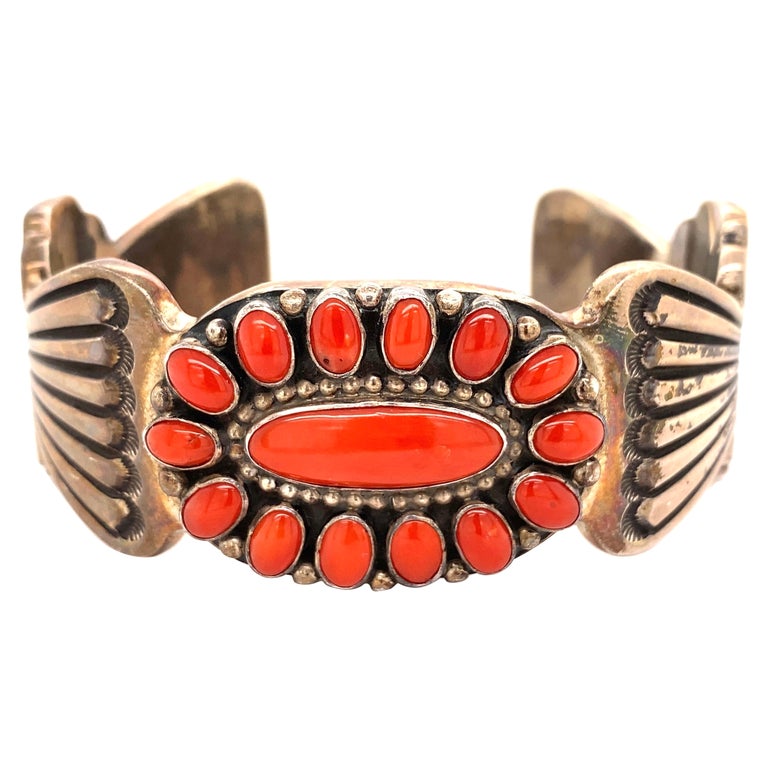Native American Navajo Coral Signed ERB 925 Sterling Silver Cuff ...