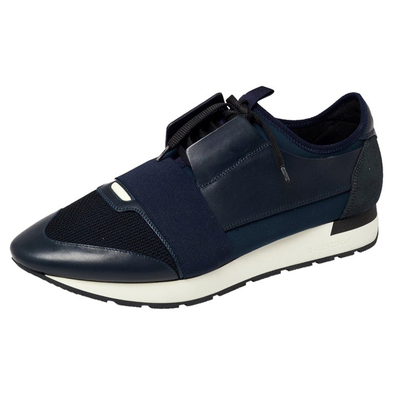 Balenciaga Blue/Black Leather And Mesh Race Runner Low Top Sneakers Size 45  at 1stDibs