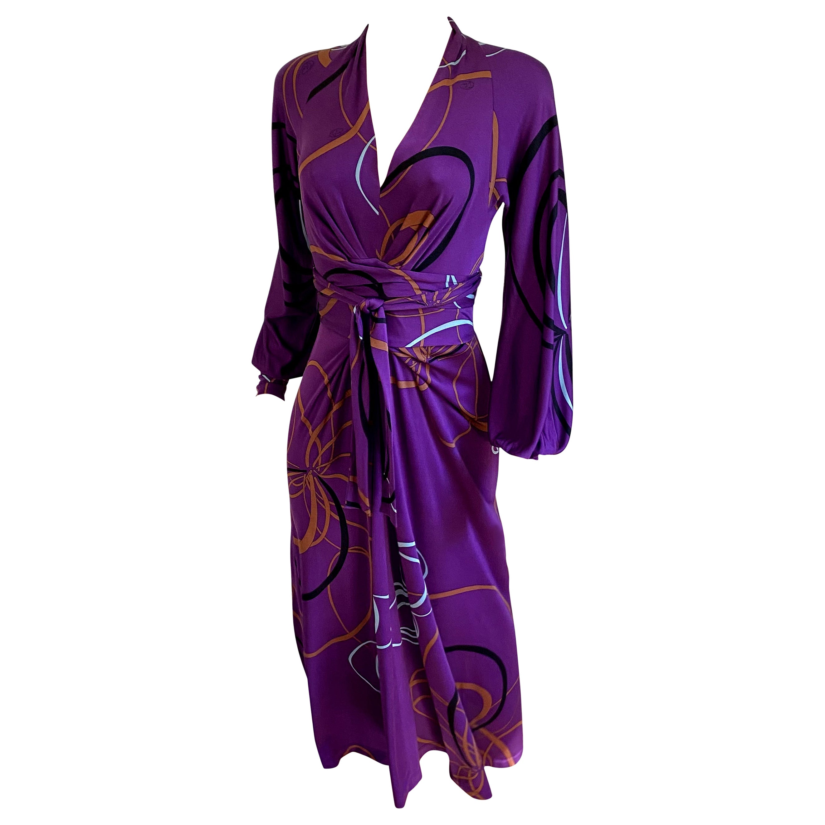 Aubergine ribbon print deep-V wrap tie FLORA KUNG midi dress For Sale