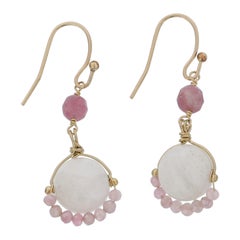 Mother of Pearl, Pink Tourmaline, 14K Gold Filled Hand Wire Wrapped Earrings