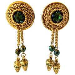 Vintage Gilt Tassel Green AB French Statement Earrings