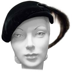 1950s Black Velvet Cocktail Hat with Feather Plume