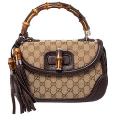 Gucci Beige/Ebony GG Canvas and Leather Medium New Bamboo Top Handle Bag