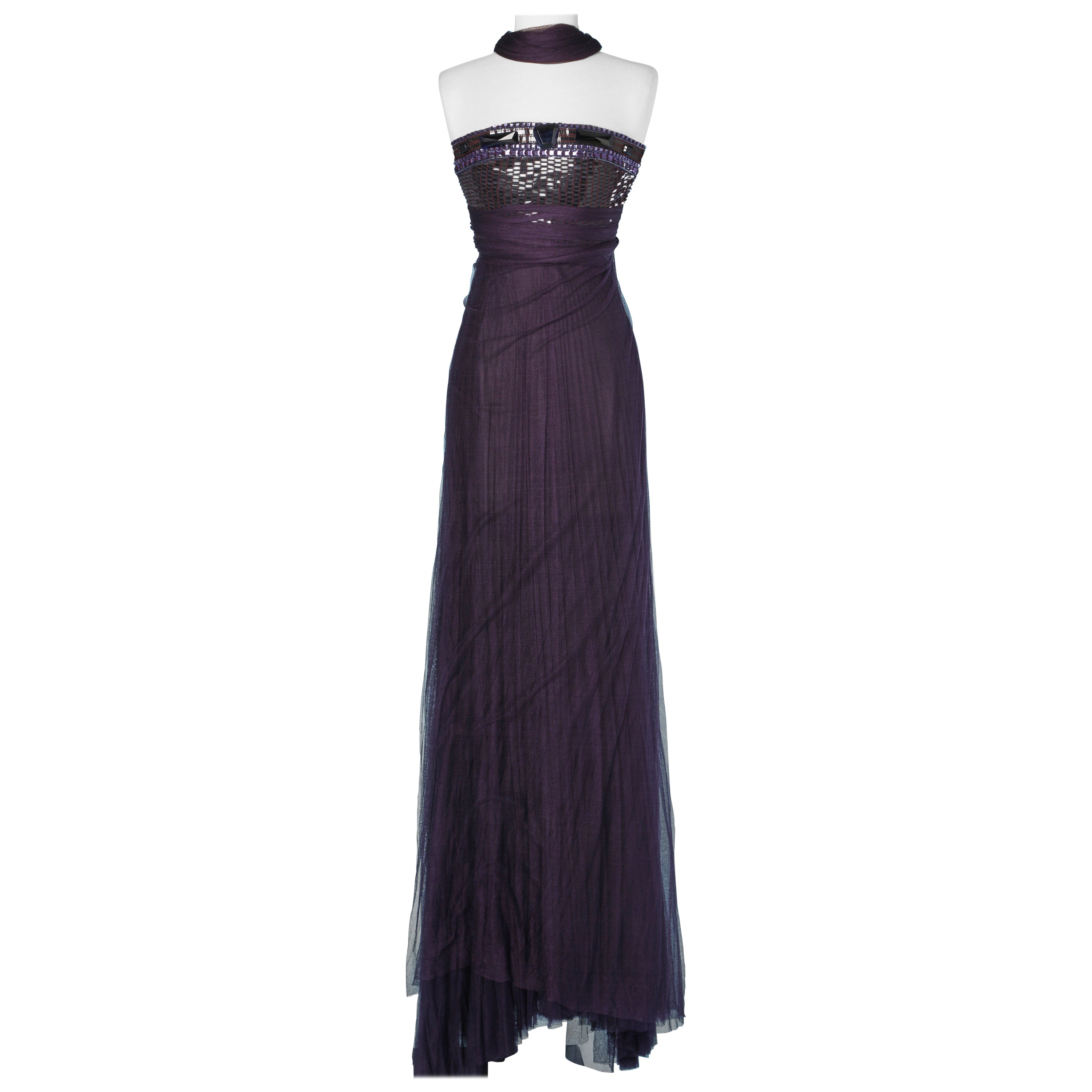 Evening gown in pleated tulle and embroideries Gianfranco Ferré For Sale