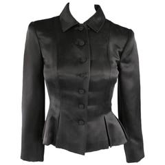 OSCAR DE LA RENTA Size 4 Black Silk Collar Pleated Peplum Waist Cropped Jacket