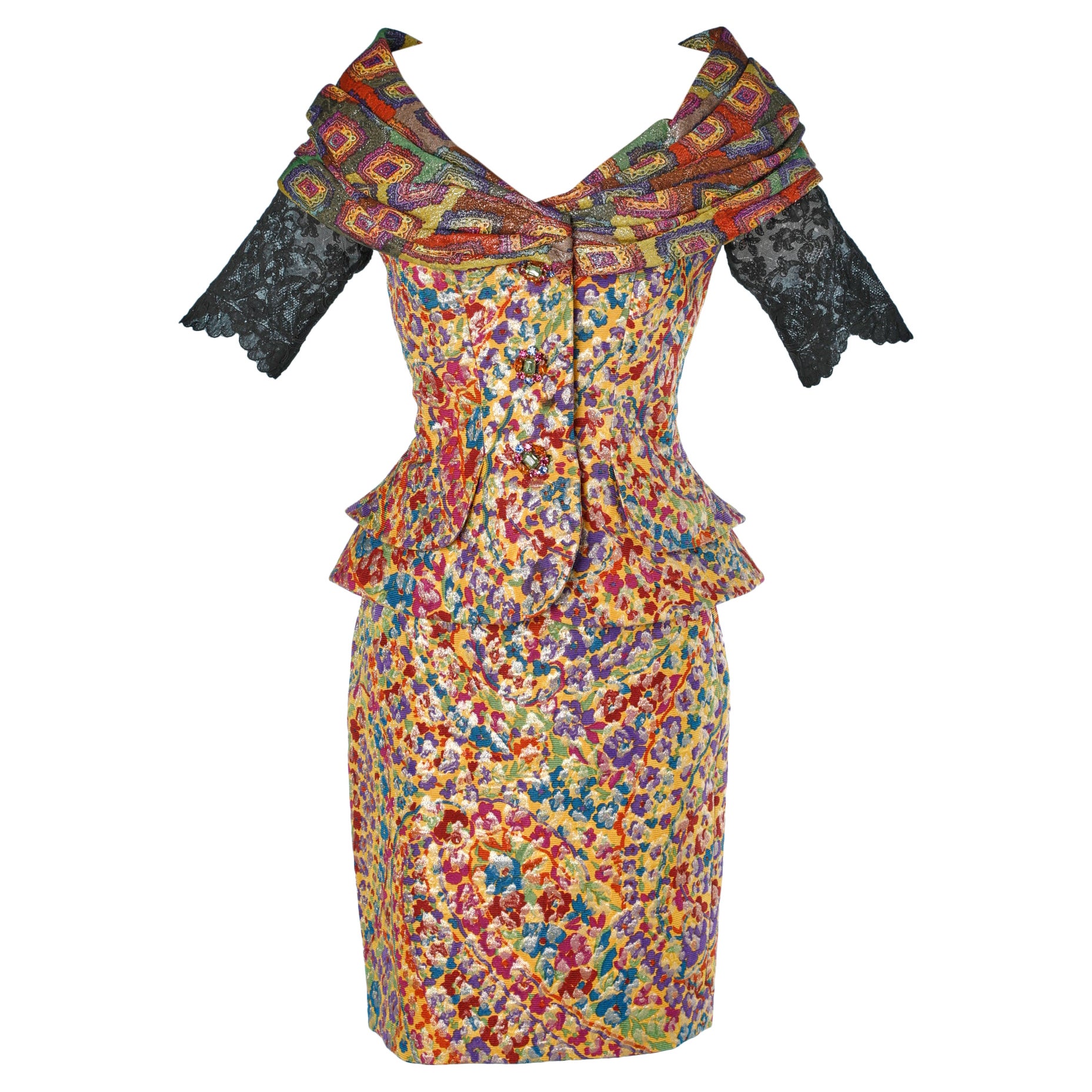 Multicolor brocade and black lace skirt suit Christian Lacroix For Sale