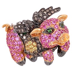 Pink Sapphire and Diamond Flying Pig Rose Gold Brooch Pin Estate Fine Jewelry