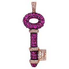 Designer EFFY Ruby and Diamond Open Key Gold Pendant Estate Fine Jewelry
