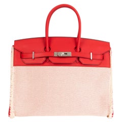 HERMES Rouge de Coeur Swift leather Ecru Toile H BIRKIN 35 FRAY FRAY Tote Bag