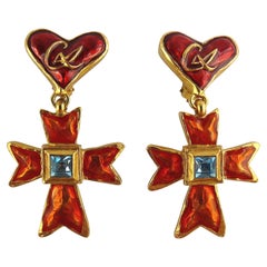 Christian Lacroix Vintage Enamel Heart Cross Dangling Earrings