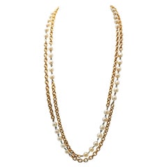 Retro Chanel Double Gold Chain Pearl Station Necklace