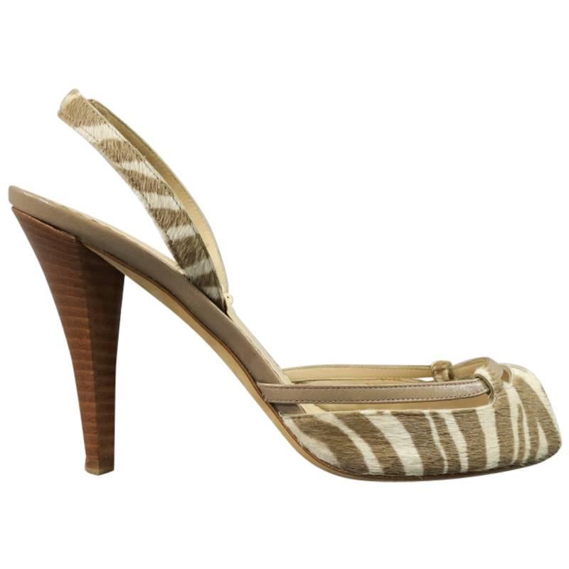 OSCAR DE LA RENTA 8.5 Off White & Taupe Zebra Tiger Pony Hair Sling Back Pumps