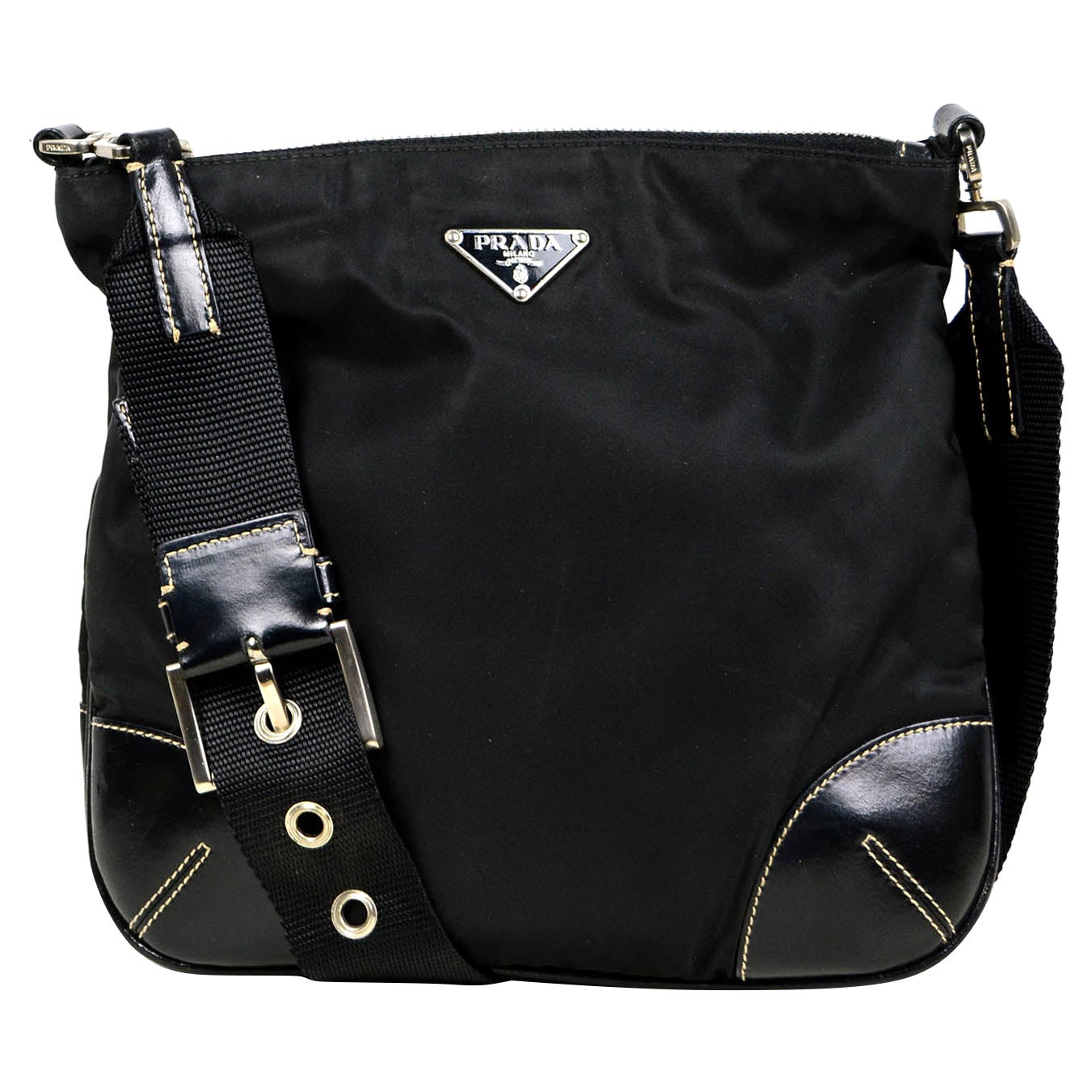 Prada Black Tessuto Nylon Crossbody Bag w/ Leather Trim & Buckle Detail