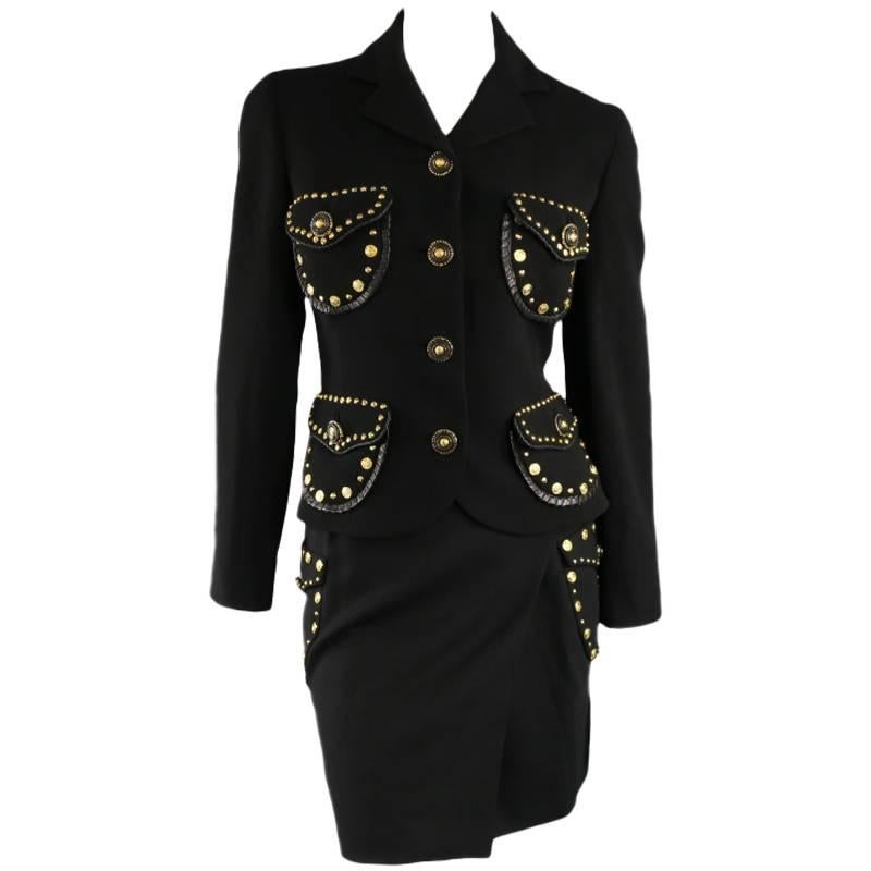 Vintage GIANNI VERSACE 1993 8 Black Gold Medusa Stud Leather Trim Skirt Suit