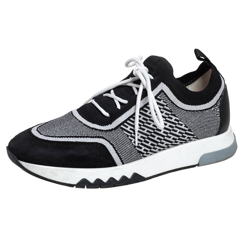 Hermes Black/White Suede And Knit Fabric Addict Sneakers Size 37