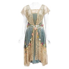 1920's Sadie Nemser Couture Beaded Floral Appliqué Velvet & Sheer Lace Dress
