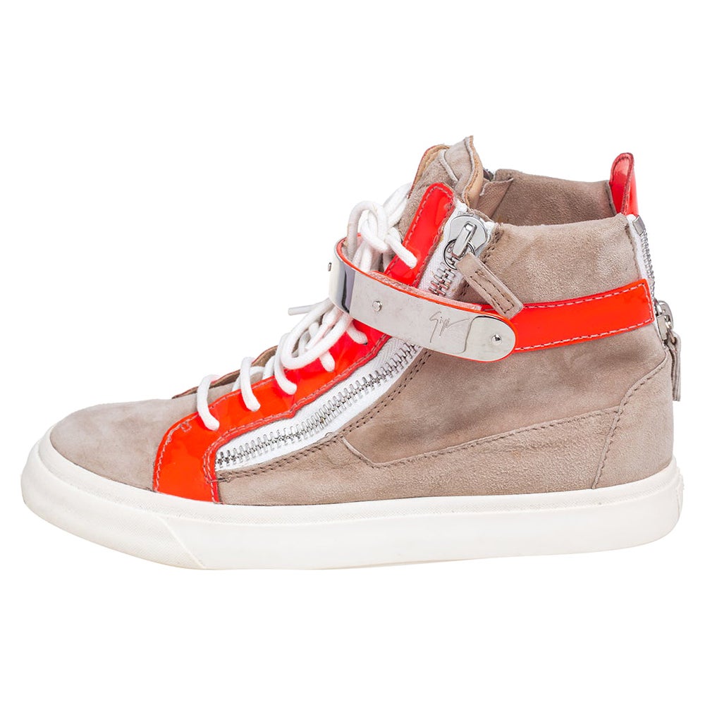 Giuseppe Zanotti Beige/Neon Orange Patent Leather and Suede Double Bar High Top 
