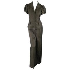 OSCAR DE LA RENTA 8 Deep Taupe Textured Silk Princess Sleeve Wide Leg Pants Suit