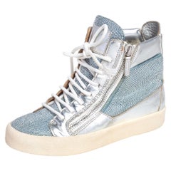 Used Giuseppe Zanotti Blue/Silver Denim Justy Crystal Studded High Top Sneakers Size 