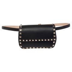 Valentino Black Leather Rockstud Flap Belt Bag