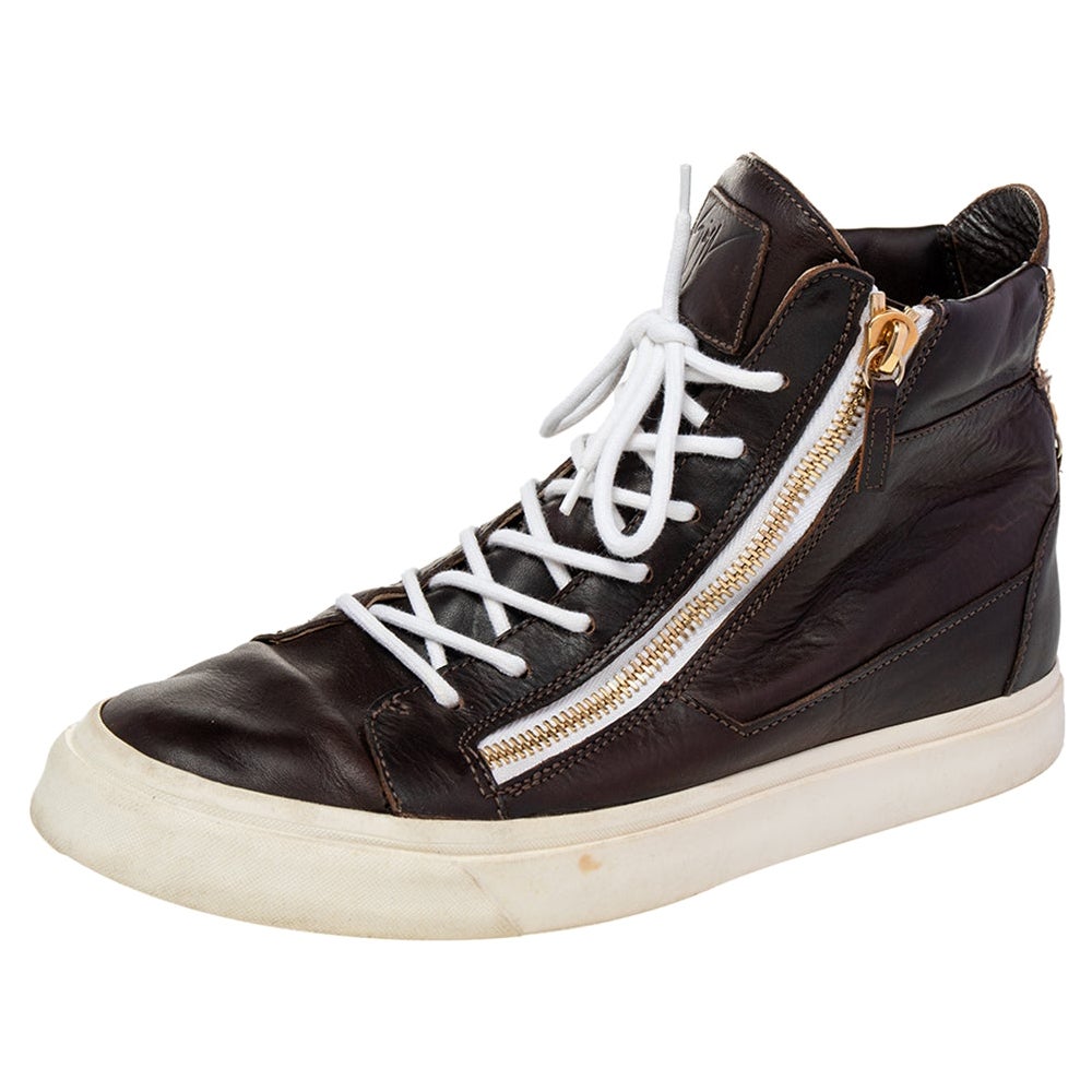 Giuseppe Zanotti Brown Leather Double Zipper High Top Sneakers Size 43.5