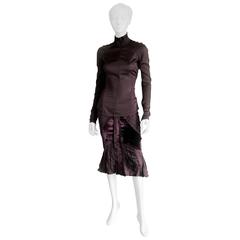 Iconic Tom Ford Gucci FW 04 Aubergine Silk "Fan" Runway Skirt & Matching Blouse!