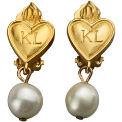 Vintage KARL LAGERFELD Logo Flaming Heart Motif Pearl Dangling Earrings