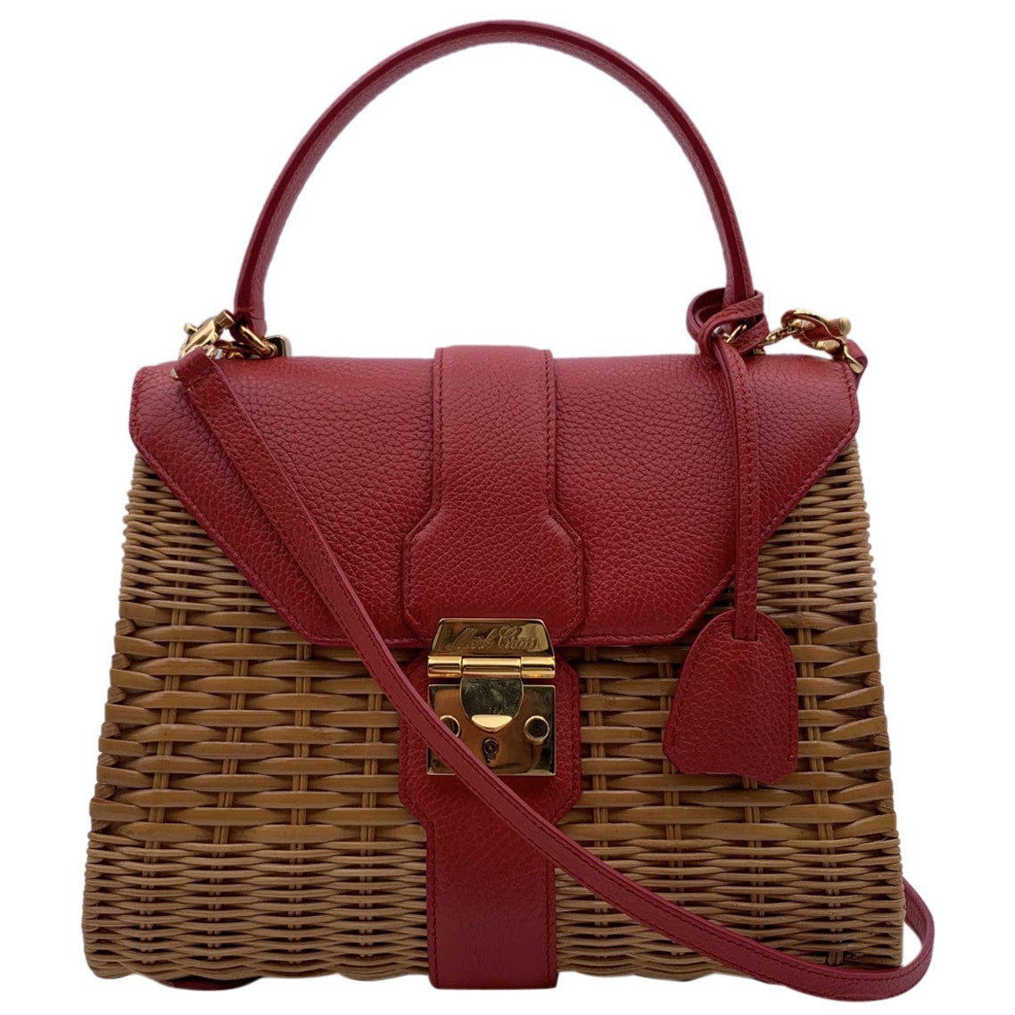 Mark Cross Wicker and Red Leather Satchel Handbag with Strap