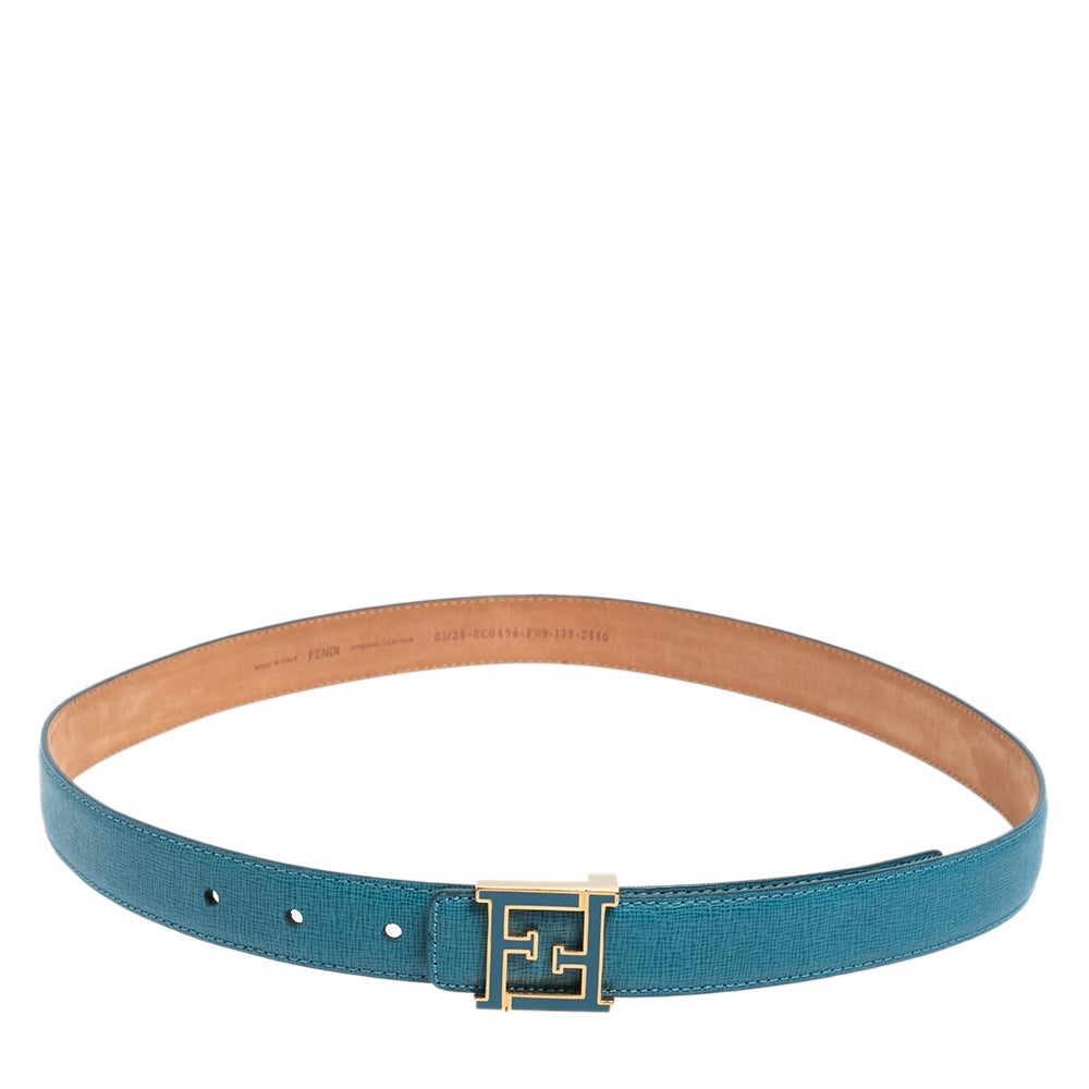 Fendi Blue Leather FF Logo Buckle Belt 85 CM