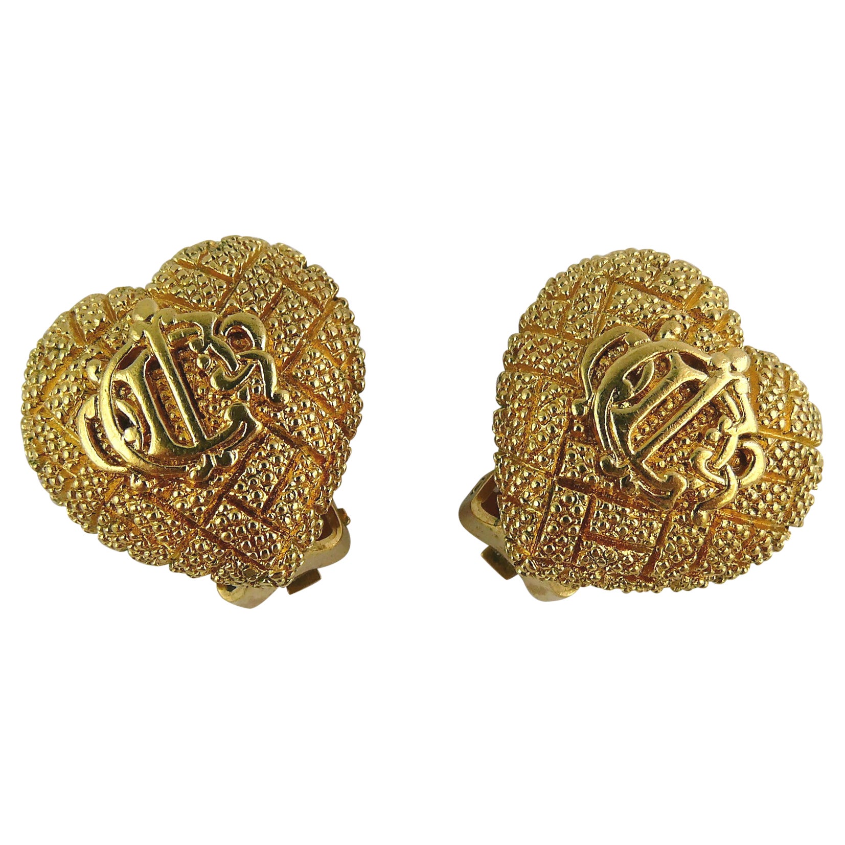 Christian Dior Vintage Logo Textured Heart Clip-On Earrings For Sale